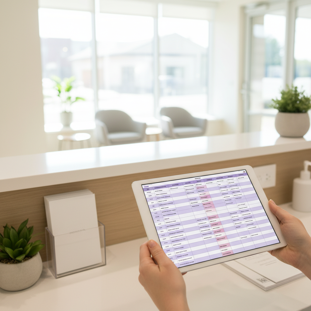 A bright, full appointment diary on a tablet at a dental reception desk.