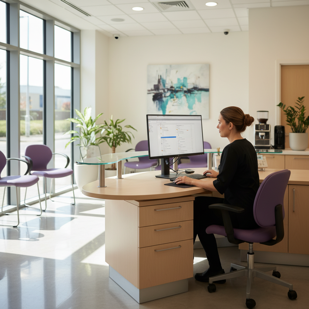 A practice manager reviewing email on a screen at a bright dental office reception.