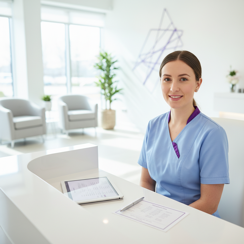 A clinician at a workstation with treatment notes and a price list in a bright dental practice.
