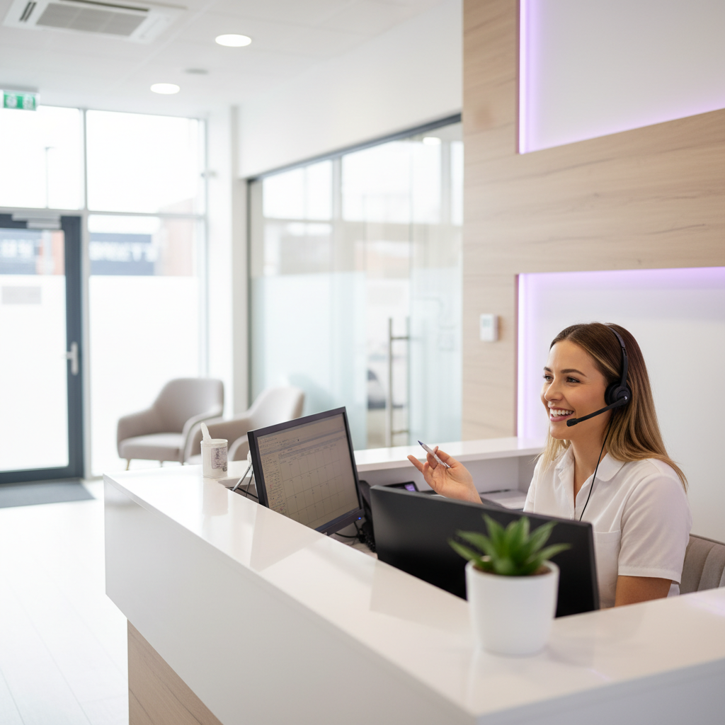 A friendly dental receptionist smiling on a headset at a bright front desk.