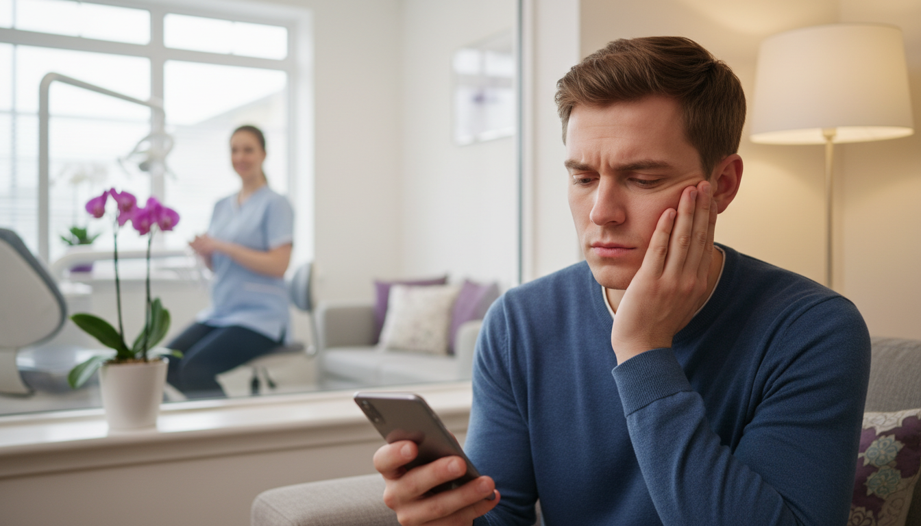 A person holding their cheek in discomfort at home in the evening, phone in hand.